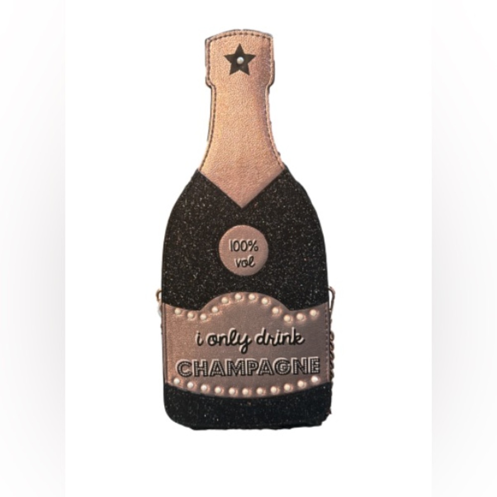 Skinny dip London Glitter champagne bottle Bag with rose pearl Gold Accents